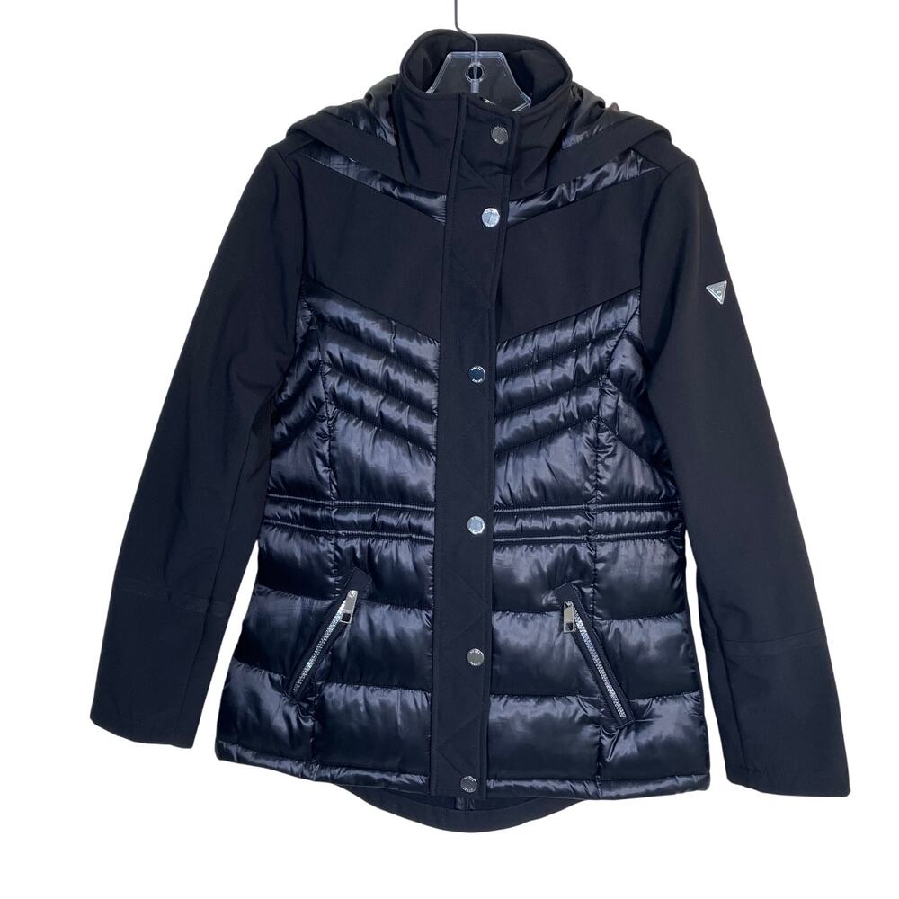 Guess Sz S Mixed Media Scuba Softshell & Chevron Quilted Hooded Jacket Short